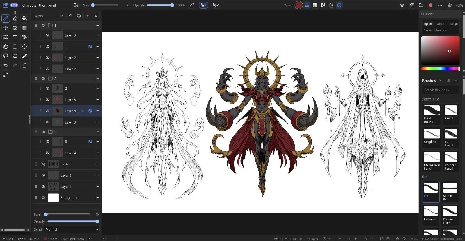 The HappyPaint editor with three ornate fantasy character designs open — two in ink linework, one fully rendered in red and gold — over a 14-layer stack, with the tool palette and brush library either side.