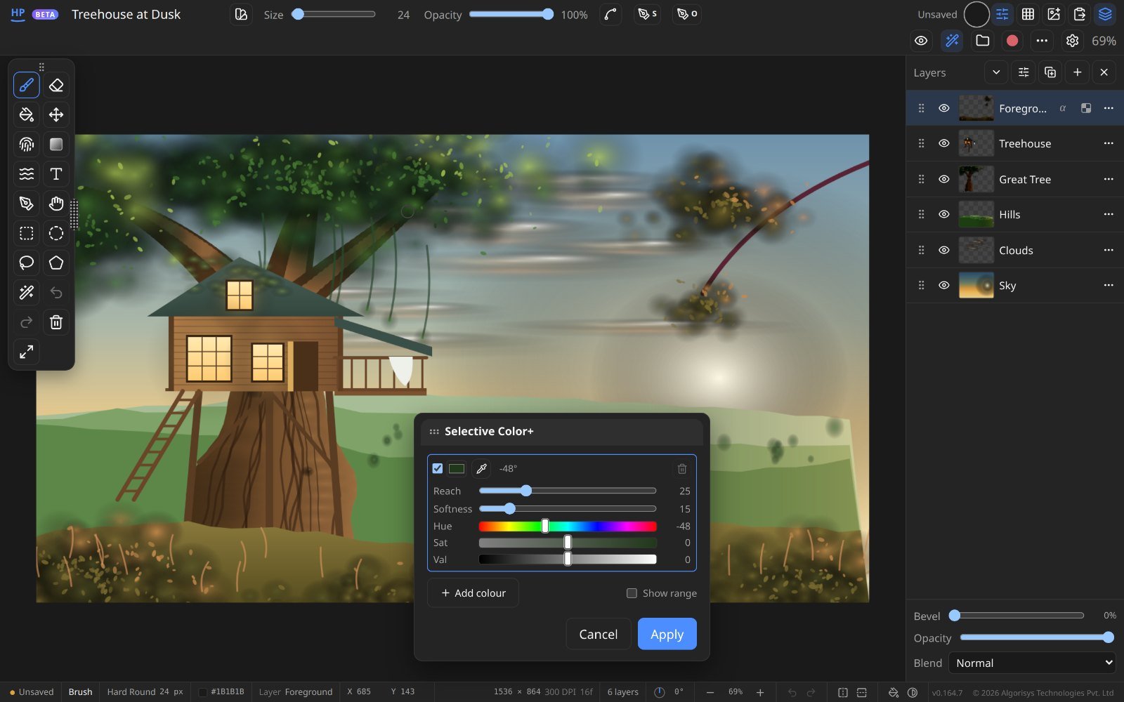 Selective Color+ open over the treehouse painting: a sampled green with reach, softness and hue-shift sliders, previewing live on the canvas.