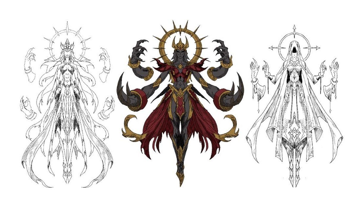 Three ornate fantasy character designs — two in ink linework, one fully rendered in red, gold and grey — drawn in HappyPaint.